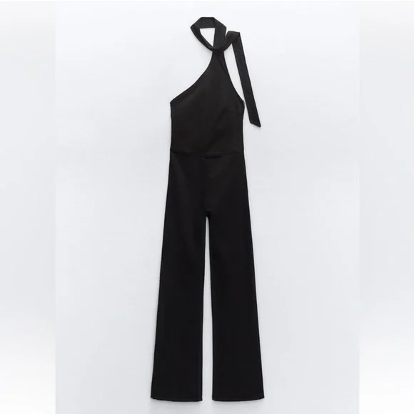 Zara black denim asymmetrical jumpsuit